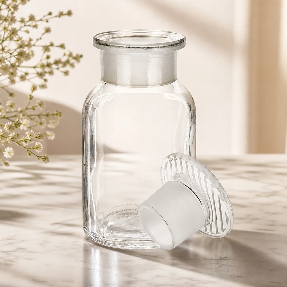 Rund skulderflaske 100 ml klar glasprop med bred hals Rundskulderflaske, 100 ml, bred hals, med mat glasprop, klar, til laboratorieprøver