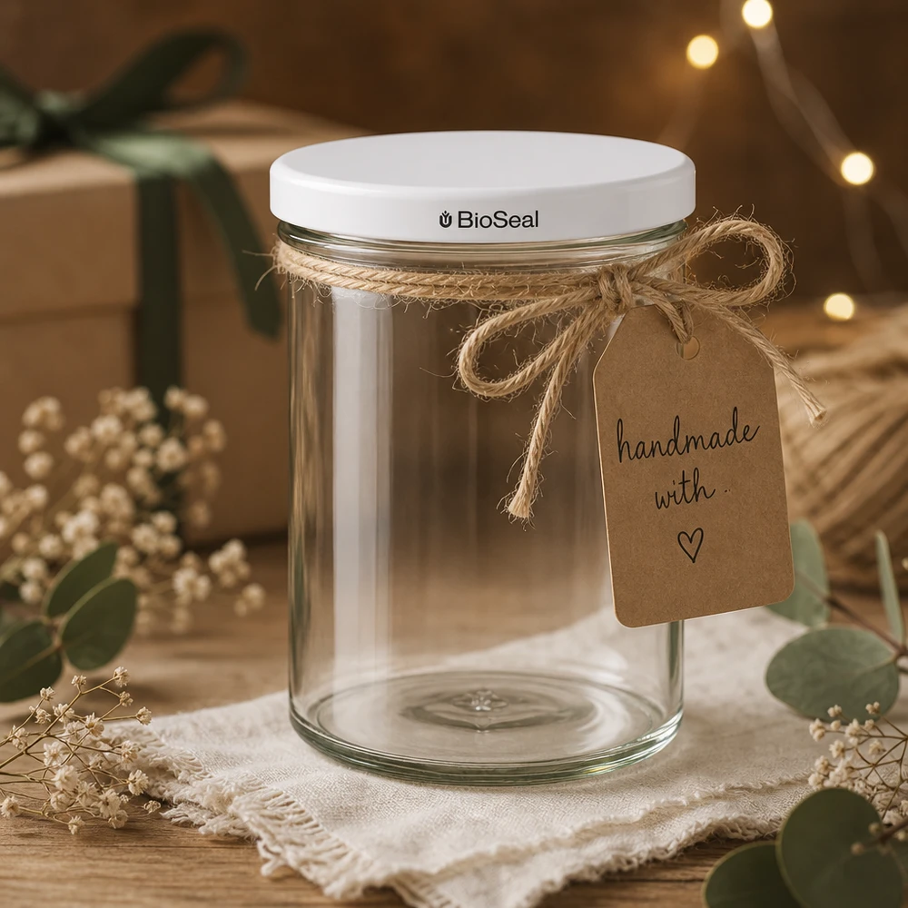 UNiTWIST Lintel435 med hvidt låg TO82 BioSeal UNiTWIST-glas på 435 ml som gaveindpakning med raffiasnor og håndlavet vedhæng viser kreative DIY-dekorationsideer