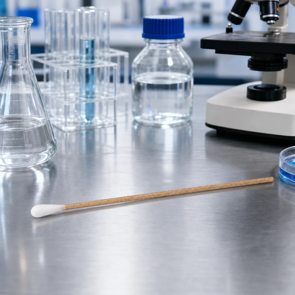 Usterile vatpinde med træskaft i laboratoriet ved siden af en Erlenmeyer-kolbe og et mikroskop på et bord af rustfrit stål