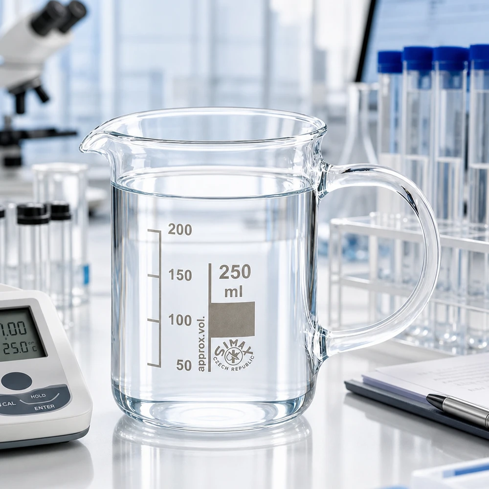 Bæger 250 ml borosilikatglas, med håndtag 250 ml bægerglas af borosilikatglas med hank og klart vand på et hvidt laboratoriebord med et mikroskop