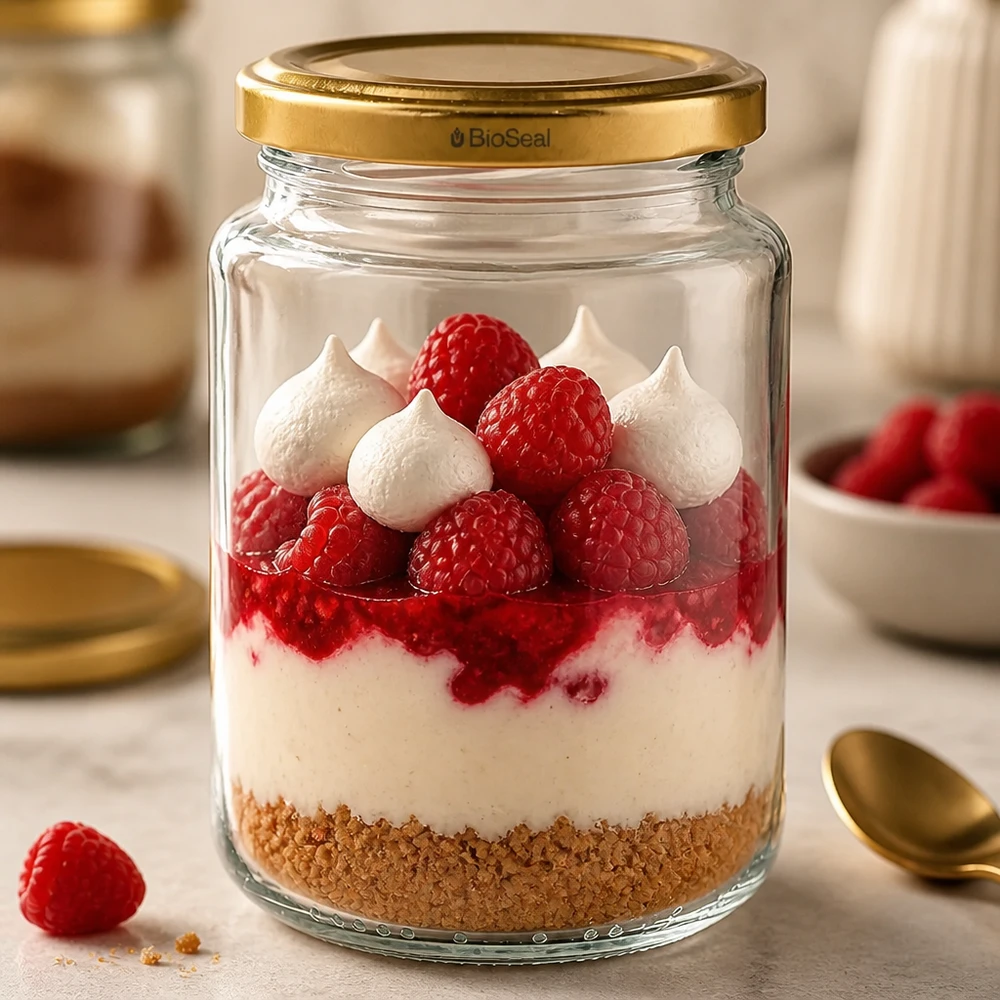 UNiTWIST Runda382 med gyldent låg TO66 BioSeal UNiTWIST Runda382 som dessertglas med hindbær og marengs, gyldent TO66 BioSeal-låg, lagdelt dessert i et glas