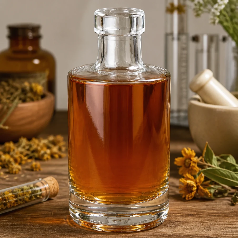 200 ml glasflaske »Marie« uden lukning UNiTWIST® 200 ml glasflaske Marie fyldt med ravfarvet olie i apotekerstil med tørrede lægeurter naturlige aromastoffer