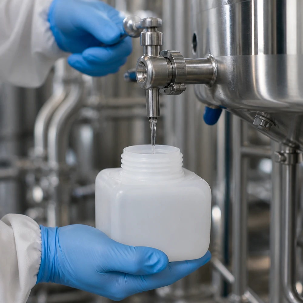 Kemikalieflaske 250 ml, bred hals fremstillet af PE-HD, naturfarve, GL 50 Kemikalieflaske 250 ml PE-HD med bred hals, påfyldning i industrianlæg, rustfri stålbeholder til væske