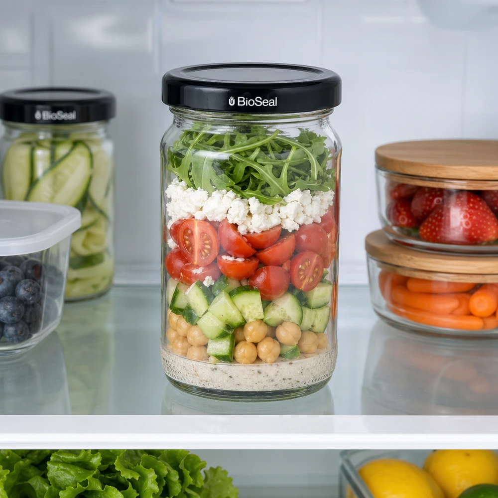 UNiTWIST Runda110 med sort. Dæksel TO48 BioSeal UNiTWIST Runda110 lagdelt salat i køleskabet med sort TO48 BioSeal-låg - Meal prep-krukke til friske ingredienser