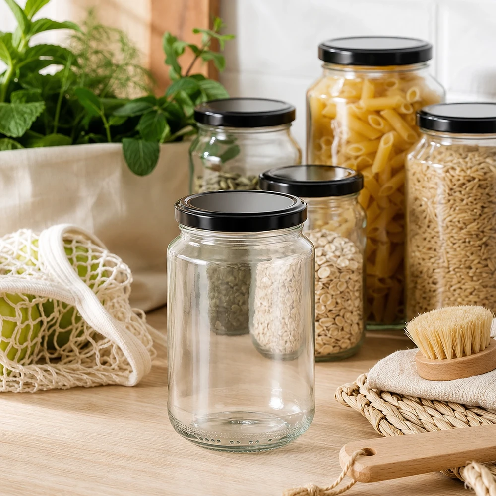 375 ml rund krukke med BasicSeal-låg sort UNiTWIST 375 ml rund krukke med sort låg i et bæredygtigt køkkenmiljø mellem opbevaringskrukker med pasta og morgenmadsprodukter