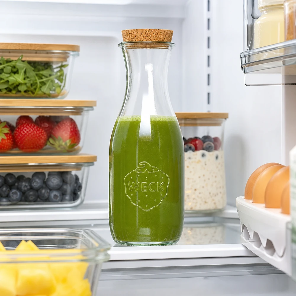 1062 ml juiceflaske WECK RR60 med kork natur WECK juiceflaske 1062 ml med grøn smoothie i køleskabet mellem friske fødevarer og opbevaringsbeholdere