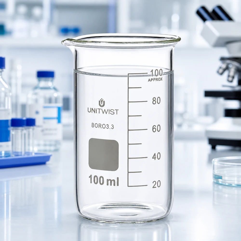 Bæger 100 ml borosilikat, høj form UNITWIST UNITWIST bæger, 100 ml, høj model, borosilikatglas 3.3, med klart vand på et hvidt laboratoriebord