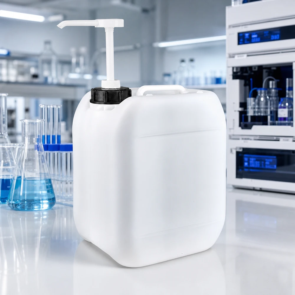 Beholder 5 liter med doseringspumpe Rektangulær 5-liters HDPE-kanister med doseringspumpe i et moderne laboratoriemiljø med en Erlenmeyer-kolbe