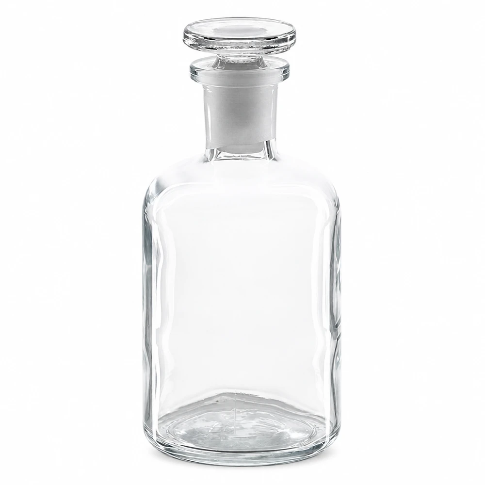 Rund skulderflaske 100 ml klar glasprop med smal hals Rundskulderflaske, 100 ml, klar, med glasprop, smal hals, gennemsigtigt laboratorieglas