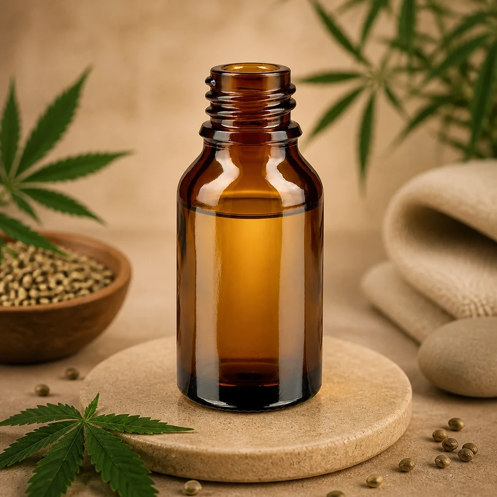 Dropperflaske 30 ml DIN 18 ravfarvet glas HIGH SHAPE 30 ml brun apotekerflaske i høj form ApoGlas på træbordskåner med cannabis hampfrø naturlige olier wellness
