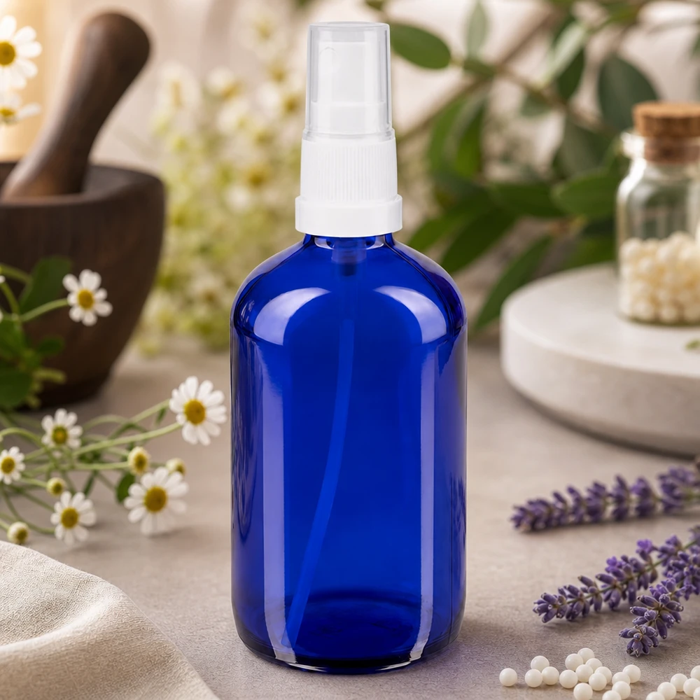 Blå 100 ml sprayflaske af UV-beskyttende glas med hvidt pumpehoved til æteriske olier og hydrolater