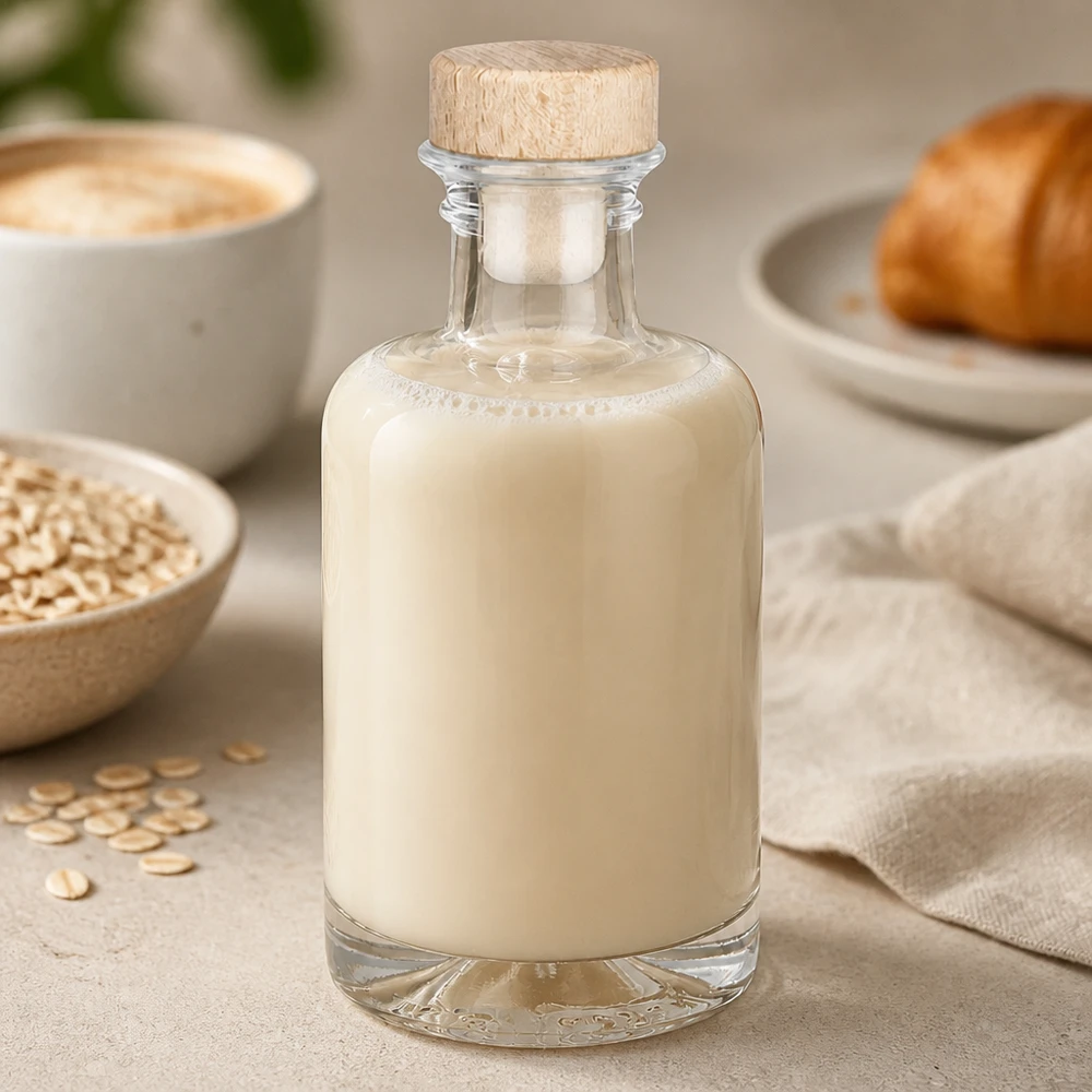 100 ml apoteksflaske Sofia med træhåndtag og prop UNiTWIST® 100ml Glasflasche Sofia mit Holzkorken gefüllt mit cremiger Hafermilch neben Haferflocken und Croissant Frühstücksszene