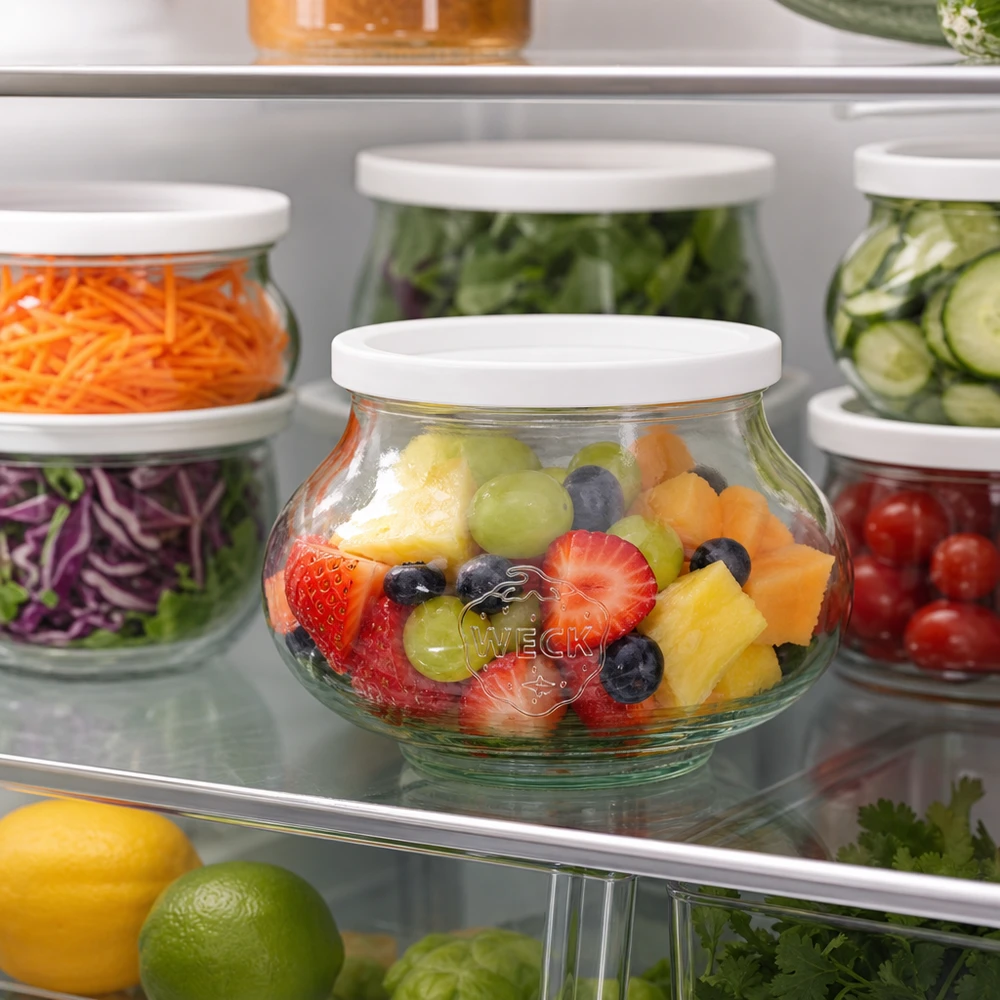 560 ml dekorativt glas med friskhedslåg WECK RR80 WECK dekorativ krukke 560 ml RR80 med frugtsalat i køleskabet ved siden af andre opbevaringskrukker med grøntsager og salat