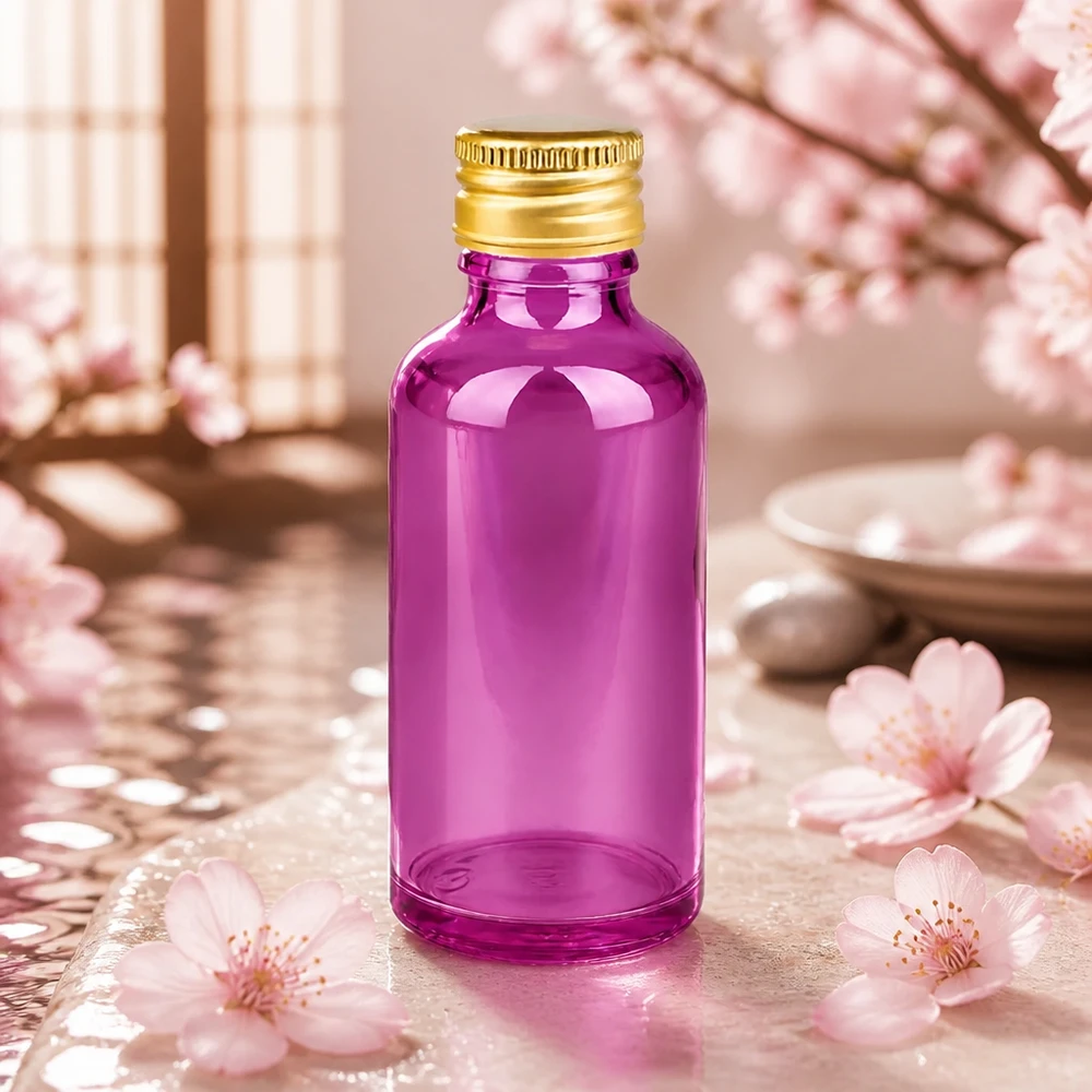 50 ml flaske 11 mm skruelåg aluminium guld standard PurpleLine. UT18/50 Elegant 50 ml lilla flaske med 11 mm aluminiumshætte, ideel til olier og essenser af høj kvalitet