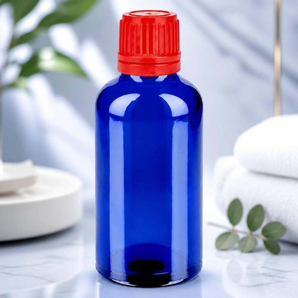 Apoteksflaske 50 ml blå med børnesikret låg SV 11mm OV BlueLine UT18/50