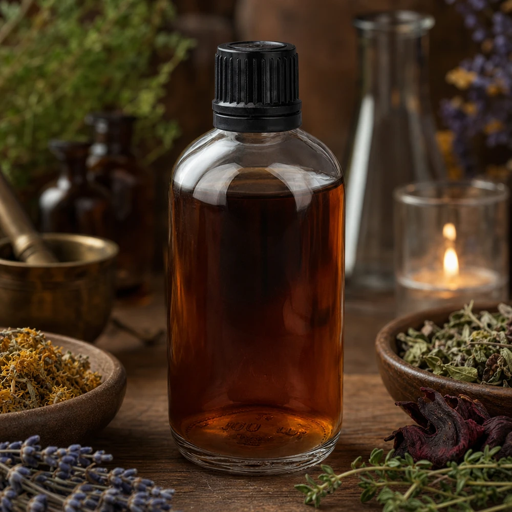 100 ml (kugle)Flas. 3mm GR s. STD ClearL. UT18/100 Brun urtetinktur i en 100 ml glasflaske omgivet af tørrede lægeurter og lavendel
