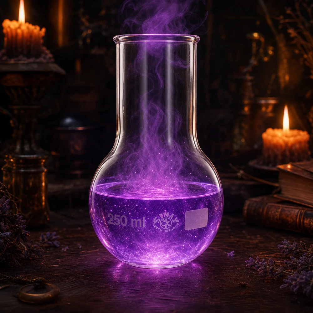 Lommelærke 250 ml med bred hals Bredhalset 250 ml kolbe med mystisk violet belysning til atmosfæriske laboratorieeksperimenter