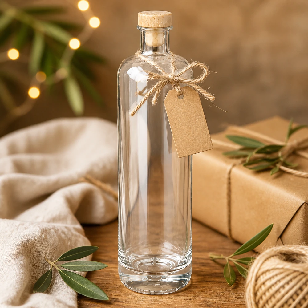 700 ml glasflaske Ella med træhåndtag og prop UNiTWIST® 700 ml glasflaske Ella tom med træprop og gavemærke i festlig juledekoration med lyskæder
