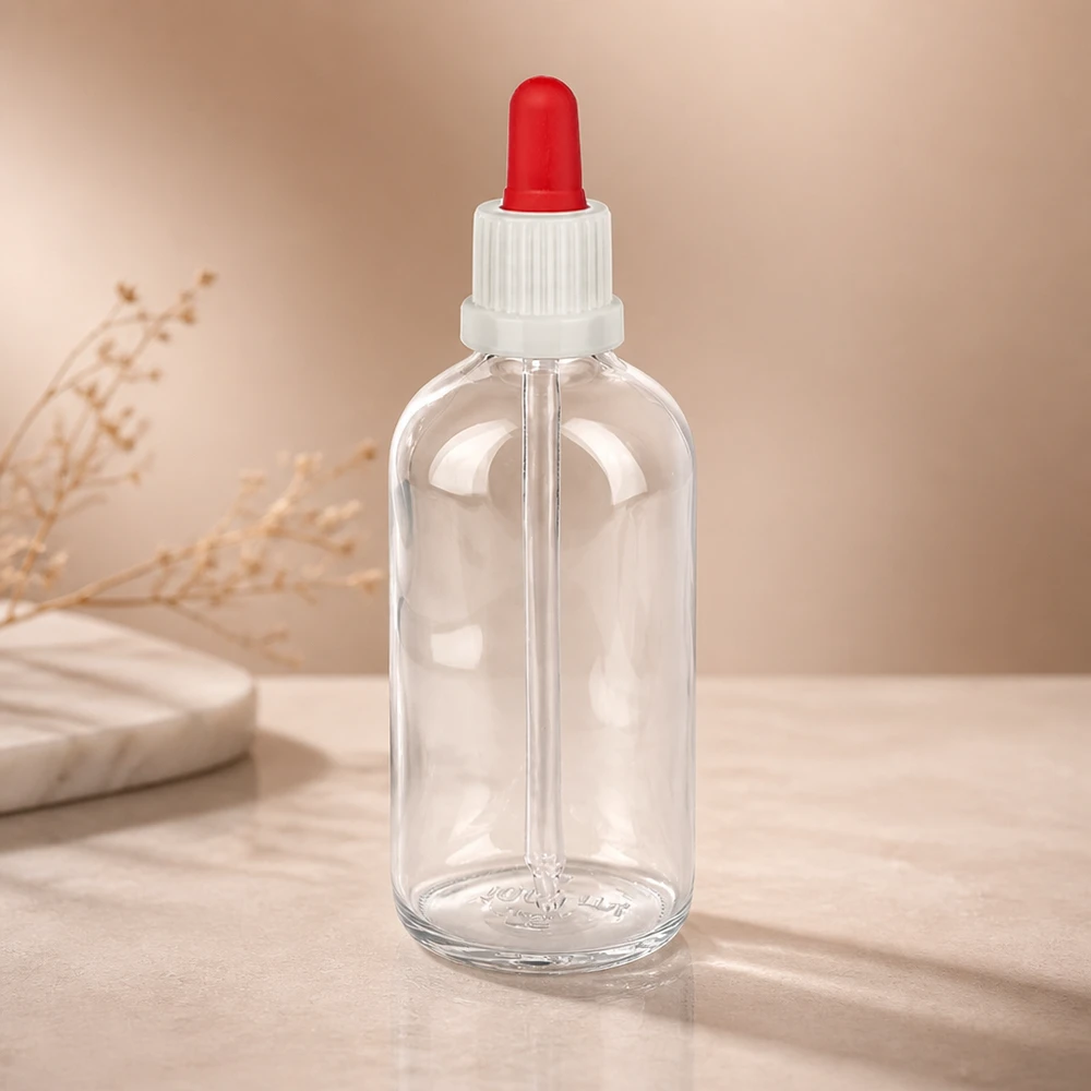 100 ml pipetteflaske hvid/rød OV ClearLine UT18/100 ClearLine dråbeflaske 100 ml, klart glas med rød gummikugle og langt glaspipetrør UT18