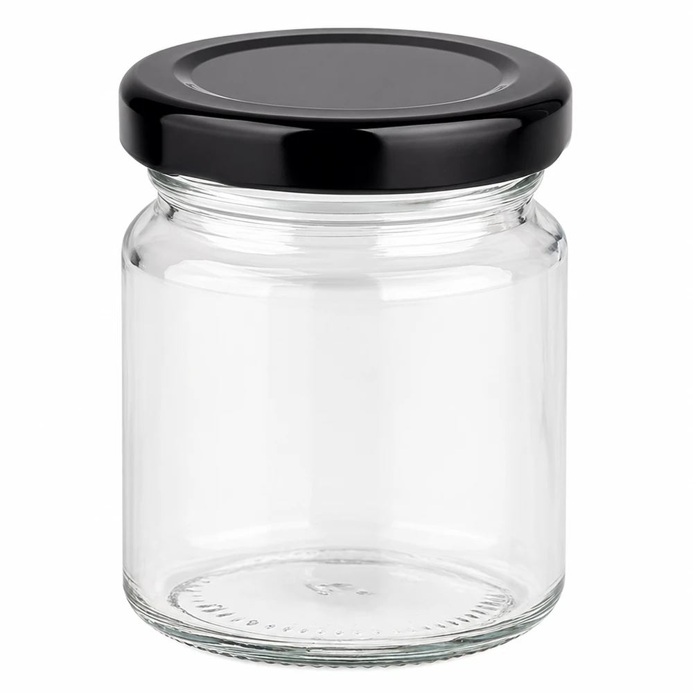 53 ml rund krukke med BasicSeal-låg sort UNiTWIST 53 ml rund krukke med sort BasicSeal-låg tom på hvid baggrund lille glaskrukke til konservering