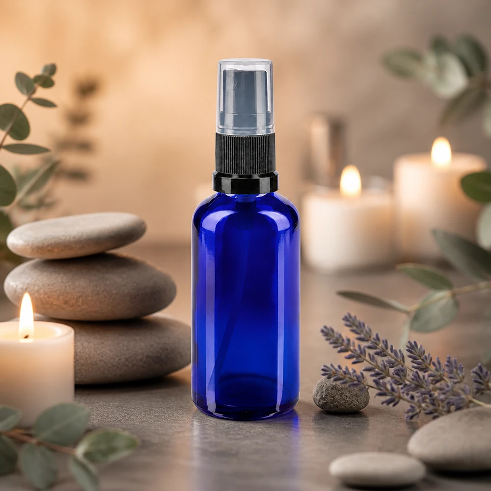 Blå 50 ml sprøjteflaske af apotekerglas med sort forstøver foran lavendel og stearinlys