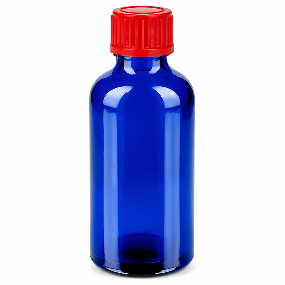 50 ml blå glasflaske med rødt skruelåg 11 mm SV BlueLine UT18/50