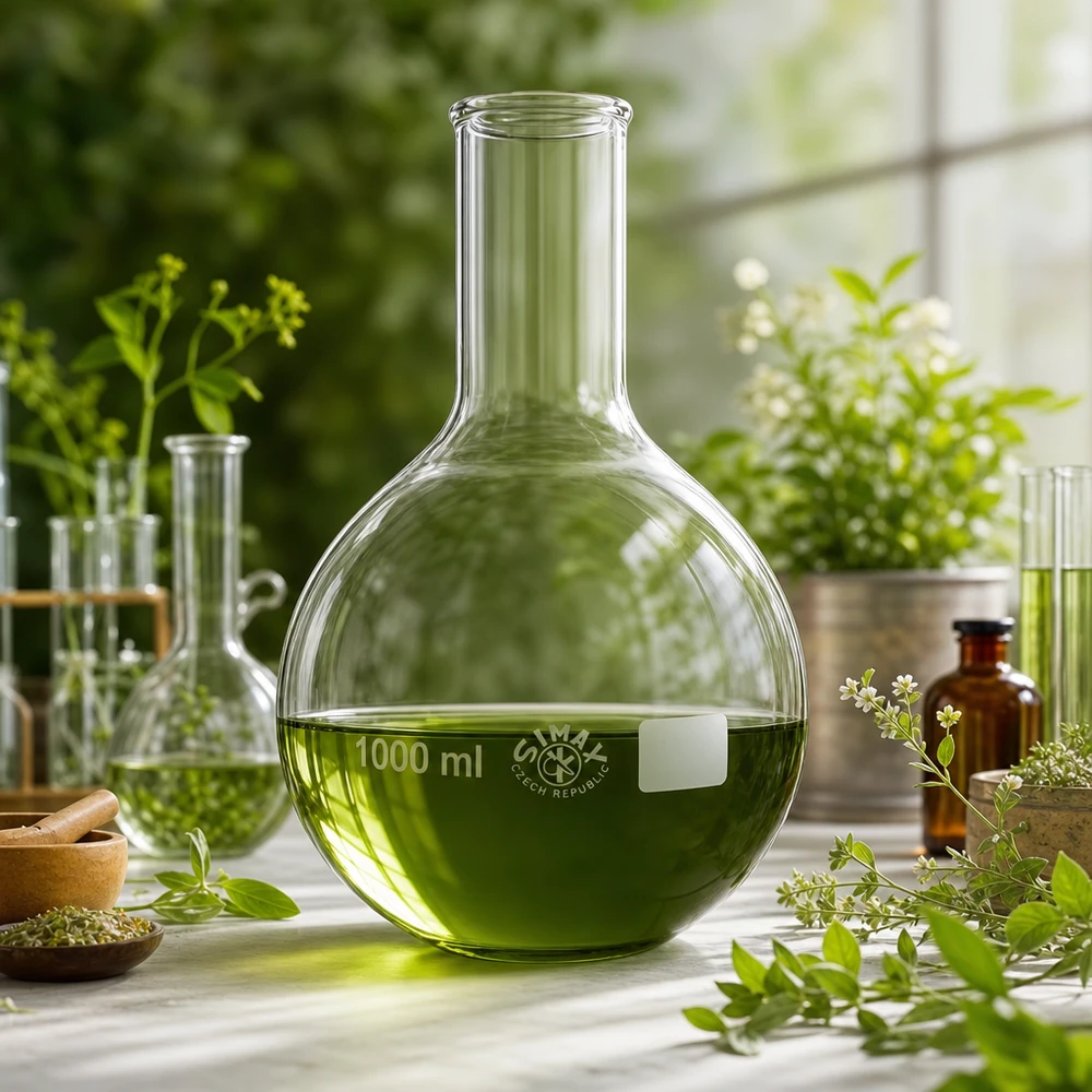 Stående kolbe 1000 ml med smal hals Stående kolbe 1000 ml med smal hals og grøn opløsning omgivet af naturlige planter og urter