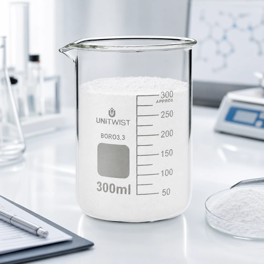 Bæger 300 ml borosilikat, lav form UNiTWIST UNiTWIST-bægerglas på 300 ml fyldt med hvidt pulver på et laboratoriebord med en vægt