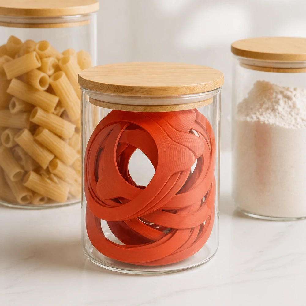 Tætningsring af naturgummi RR80 Orangefarbene Einkochringe RR80 in stylischem Glasvorratsgefäß mit Holzdeckel neben Pasta und Mehl in moderner Küche