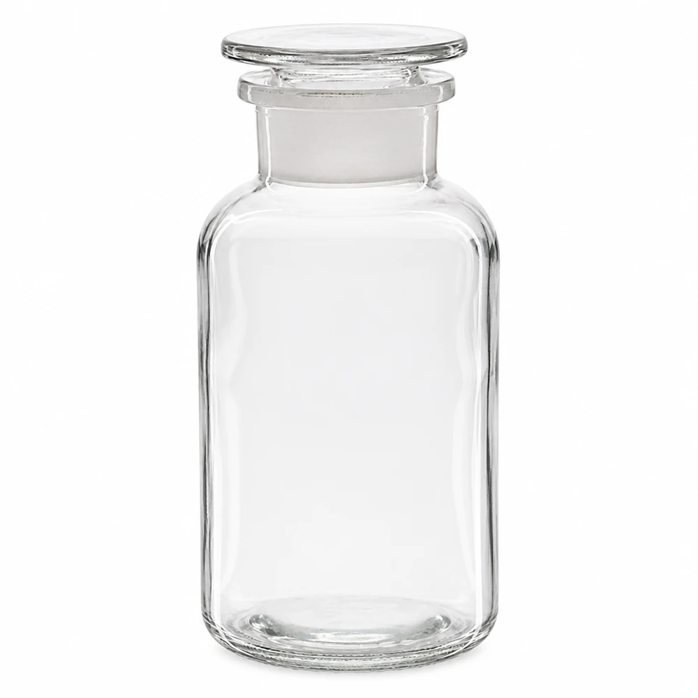 Rund skulderflaske 500 ml klar glasprop med bred hals Rundskulderflaske, 500 ml, klar, med glasprop og bred hals til laboratorier og apoteker
