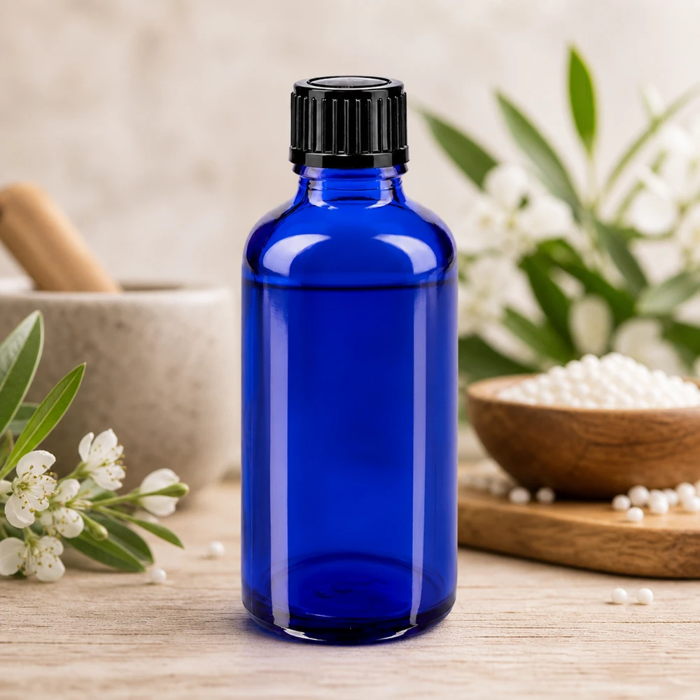 50 ml dråbeflaske af koboltblåt apotekerglas med sort børnesikret låg