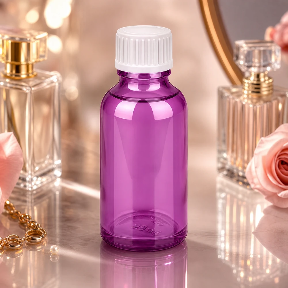 30 ml (kugle) flaske. 3 mm hældering hvid Standard PurpleLine. UT18/30 Elegant 30 ml violet glasflaske med rillet hætte til parfume og essenser