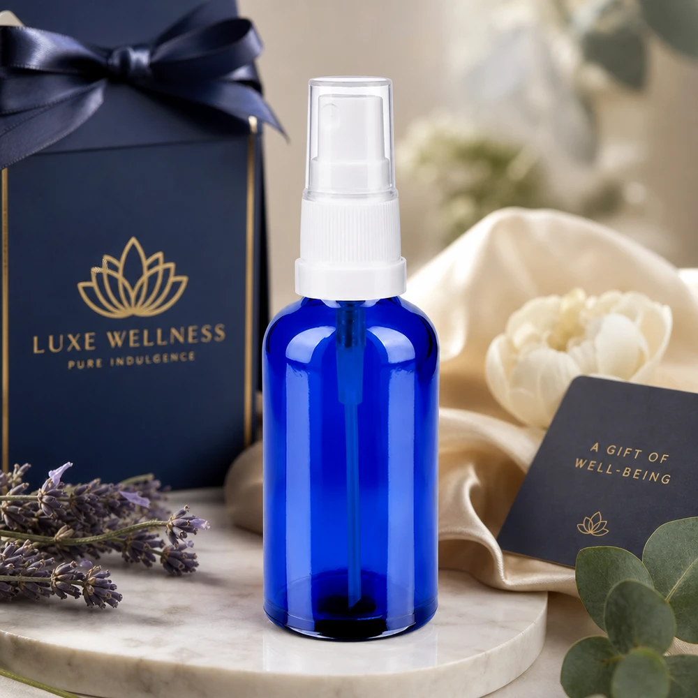 50 ml glassprayflaske af høj kvalitet med UV-beskyttelse takket være blå farve til lysfølsomme stoffer