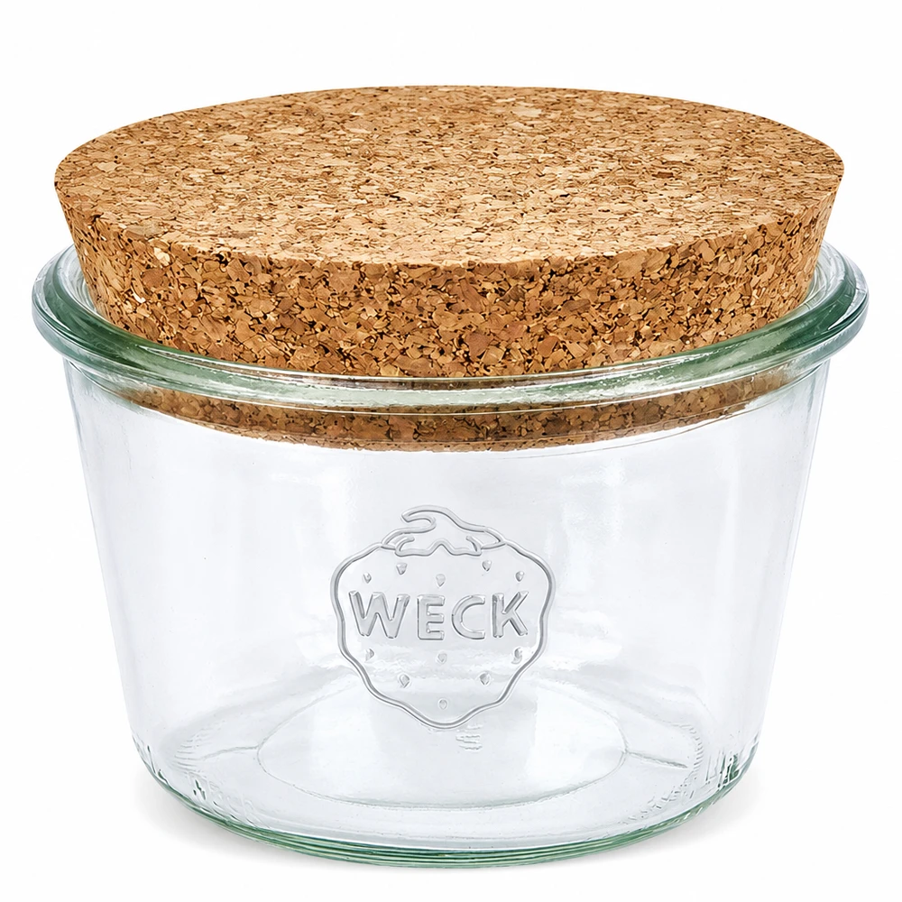 370 ml Briller WECK RR100 med kork natur WECK RR100 370 ml murerbalje med naturlig korkprop Gennemsigtig murerbalje til opbevaring