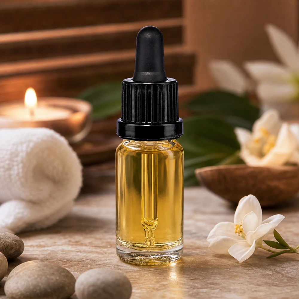 10 ml pipetteflaske sort OV ClearLine UT18/10 10 ml glasflaske med sort pipettehætte og gyldent olie på natursten med hvide blomster