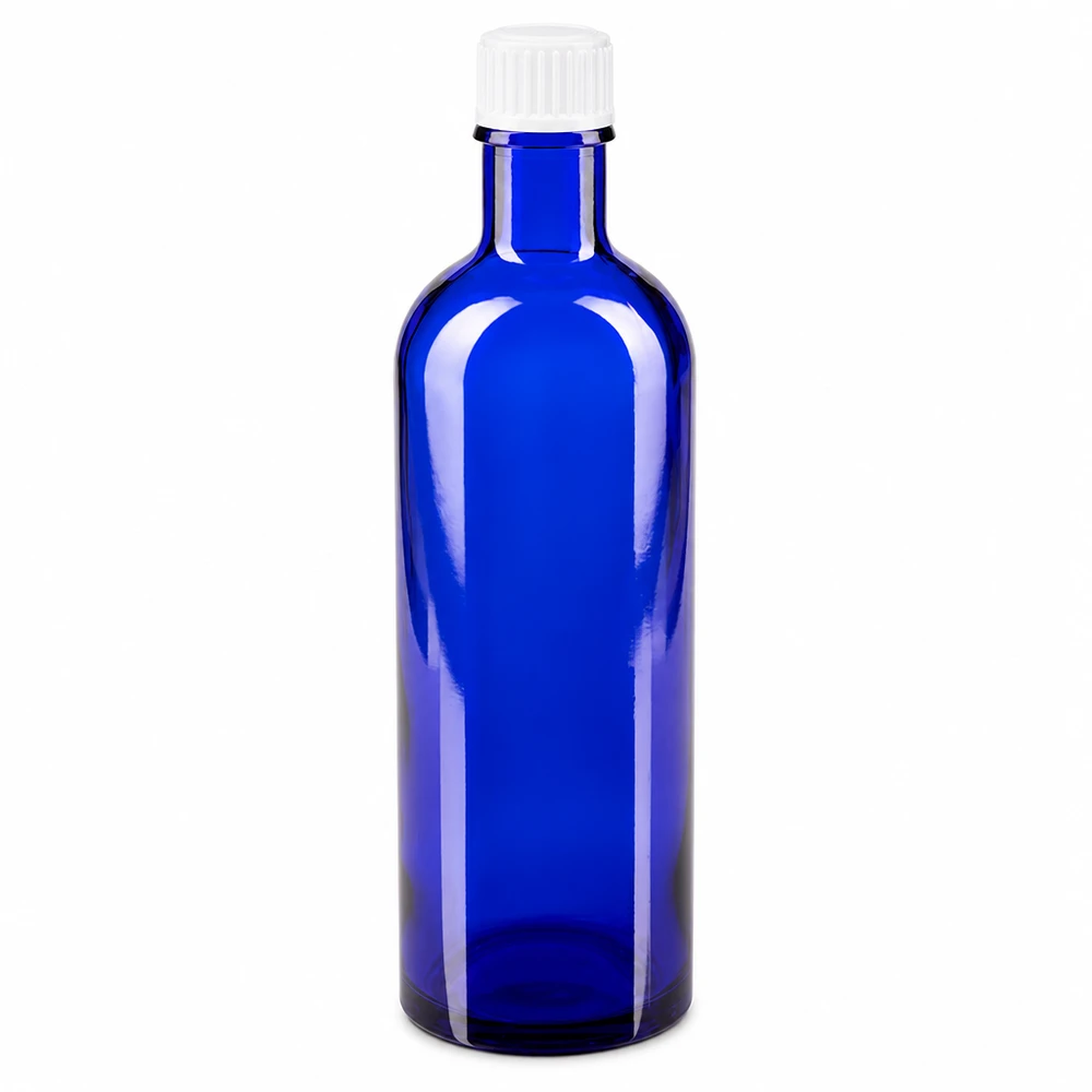 Blå apotekerflaske af glas, 200 ml, med hvid skruelåg
