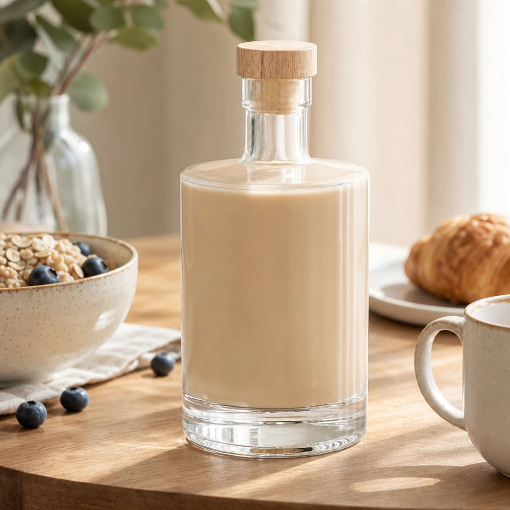 500 ml glasflaske 500ml Glasflasche "Marie" mit Holzgriff-Korken UNiTWIST med træhåndtag UNiTWIST® 500 ml glasflaske Marie fyldt med cremet likør - træprop UNiTWIST - morgenbordsdekoration med müsli