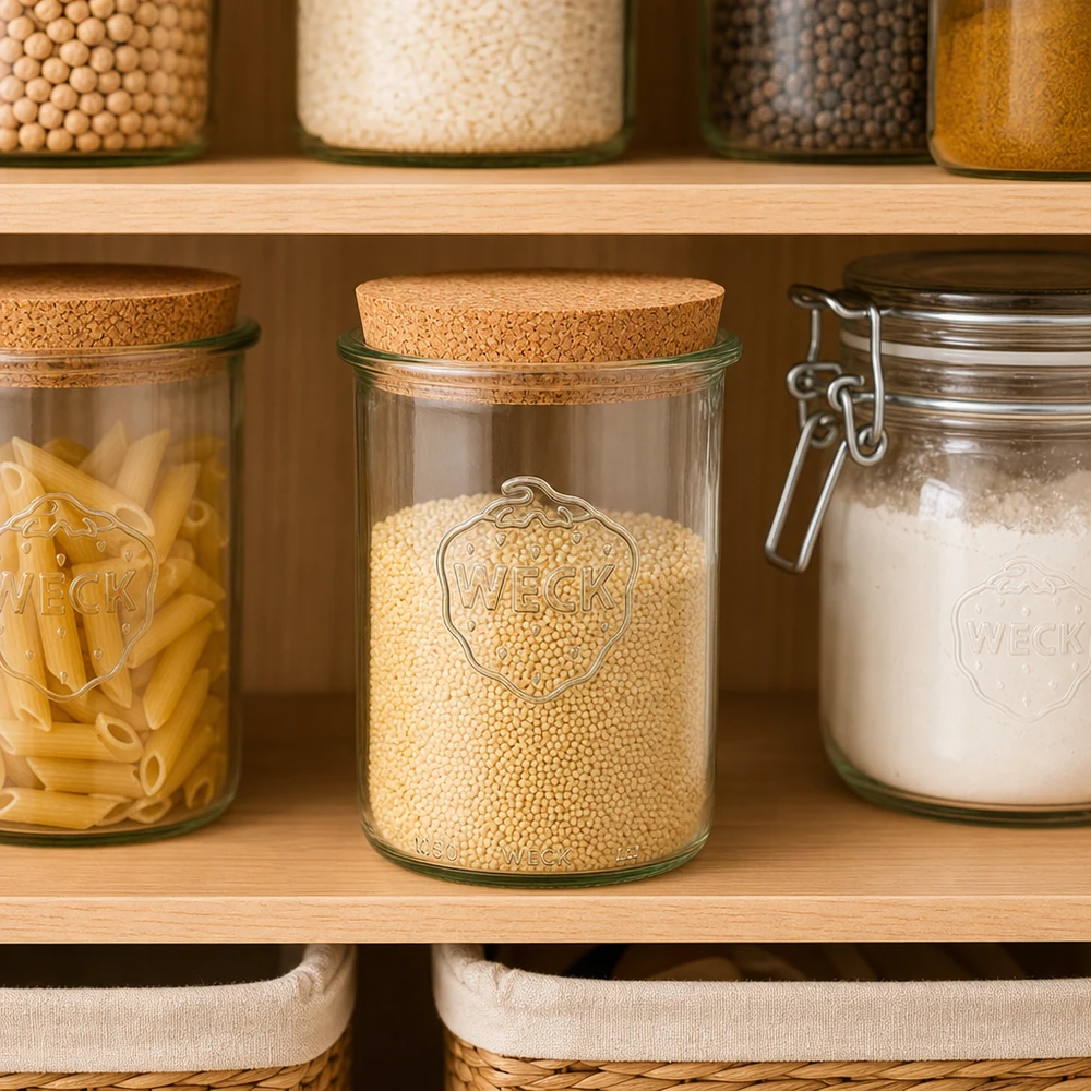 1000 ml Briller WECK RR100 med kork natur WECK Sturzglas RR100 1000ml mit Korkdeckel in organisierter Vorratsküche Pantry mit Getreide Pasta und Mehl