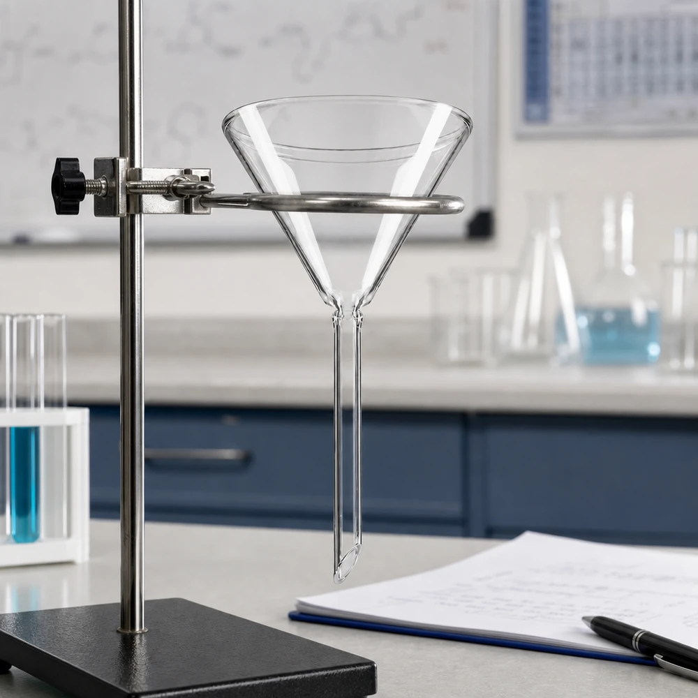 Tragt Ø 70 mm sodakalk, vinkel 60°, kort model Præcisionsglastragt med 70 mm åbning og kort håndtag til nøjagtig dosering i laboratorier og kemi