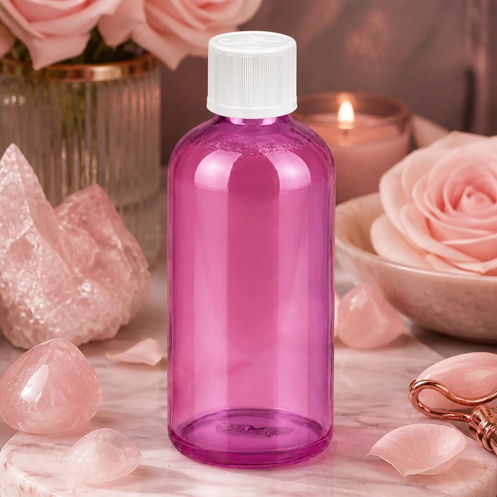 100 ml dråbeflaske 1,2 mm hvid standard børnesikret PurpleLine. UT18/100 Lilla glasflaske 100 ml med præcis 1,2 mm dråbetæller til aromaterapi