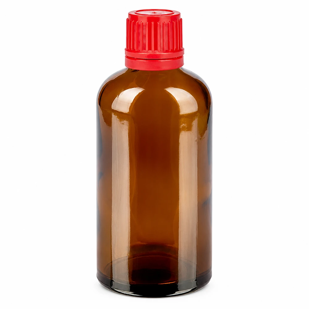 100 ml flaske 11 mm SV rød OV BrownLine UT18/100 100 ml ravfarvet glasflaske med rød hætte - apotekskvalitet til sikker opbevaring