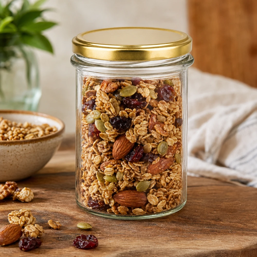 230 ml Briller med BasicSeal-låg guld UNiTWIST 230 ml BasicSeal-krukke med guldlåg fyldt med müsli, nødder og tørret frugt til opbevaring på et træbord