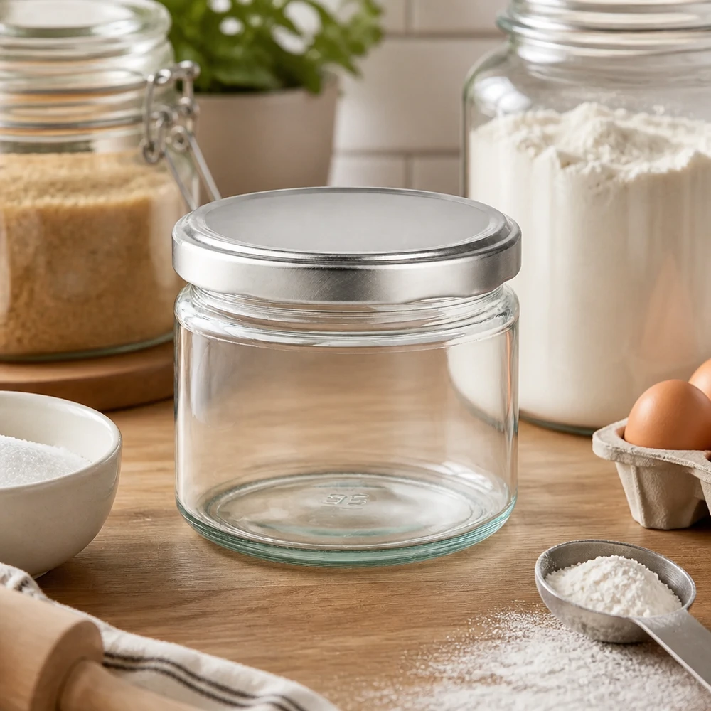 330 ml rund krukke med BasicSeal-låg sølv UNiTWIST 330 ml rund krukke med BasicSeal-låg tom mellem bageingredienser på træbord Konserveringskrukke til køkken og bagning