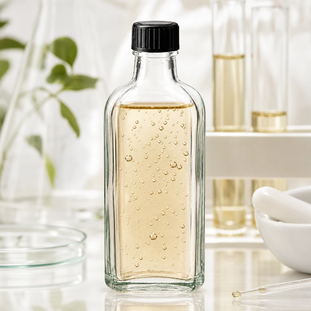 Rektangulær, klar Meplat-glasflaske på 100 ml med serum fyldt med små bobler og sort skruelåg
