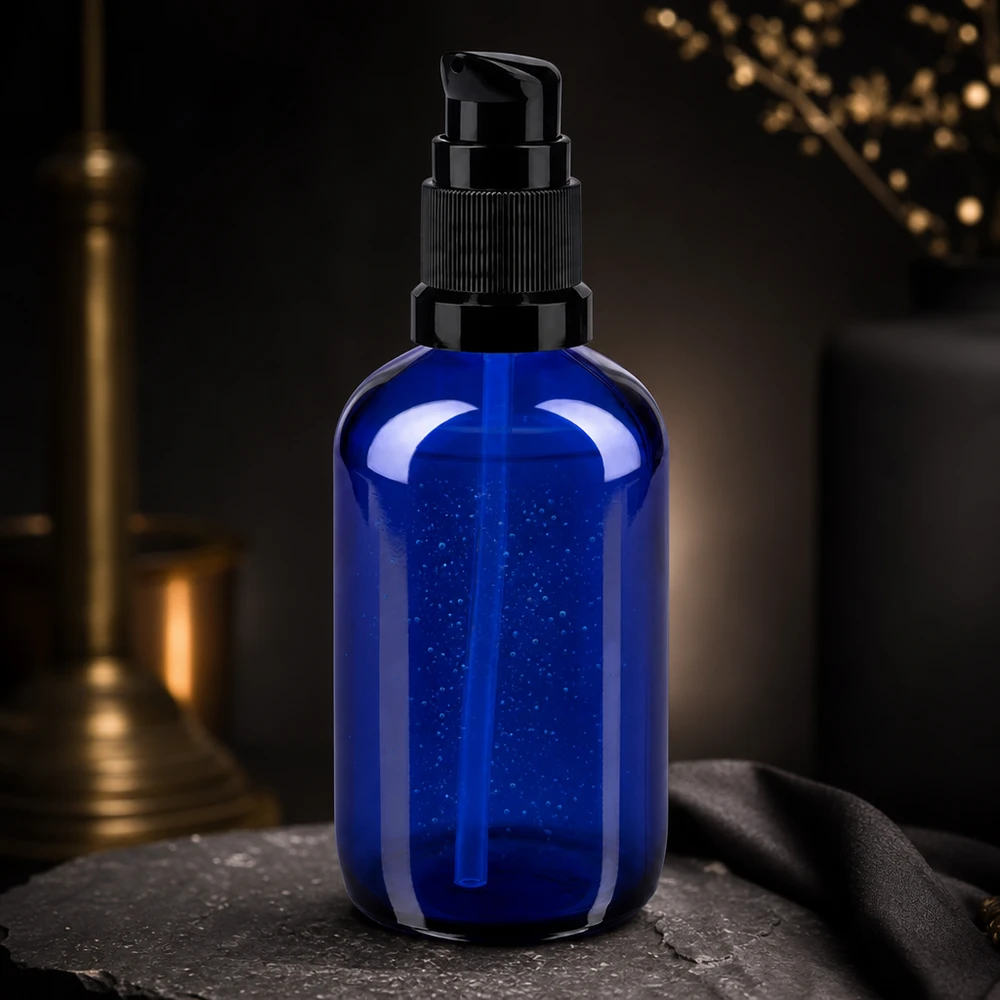 Elegant 100 ml pumpeflaske i koboltblå med sort dispenser på mørk skifer