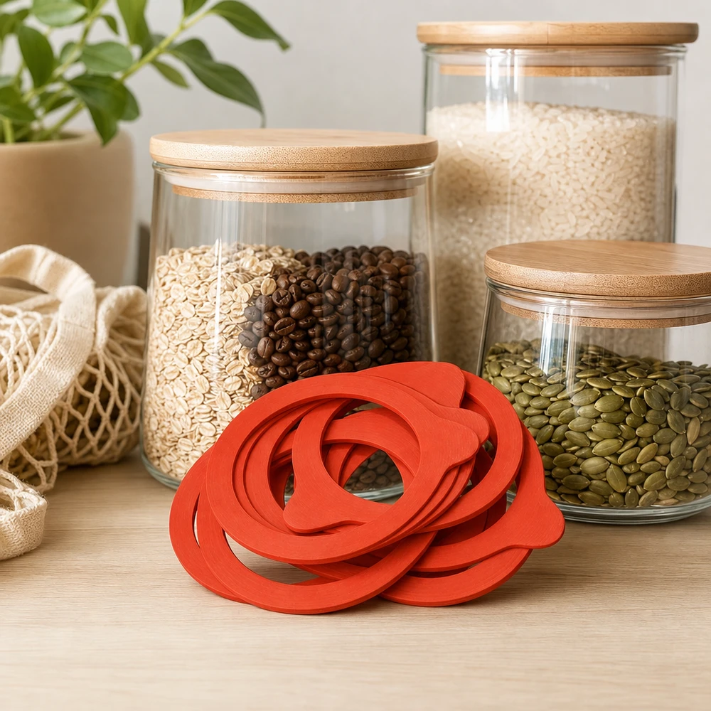 Tætningsring af naturgummi RR80 Einkochring RR80 Naturgummi rot in moderner Vorratsküche mit Vorratsgläsern Reis Kaffee Samen Mesh-Beutel