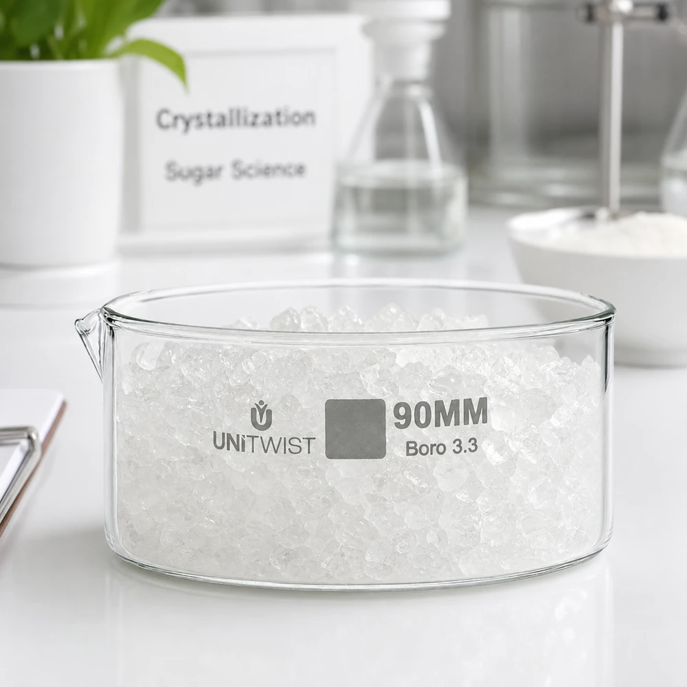 Krystalliseringsskål ø90mm borosilikatglas UNiTWIST Krystalliseringsskål 90 mm UNiTWIST med hvide sukkerkrystaller, borosilikatglas, laboratoriebrug