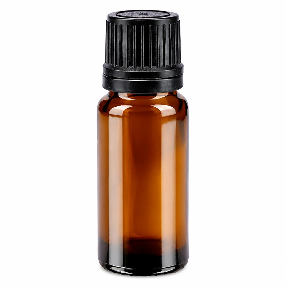 Apoteksflaske brun 10ml dryp v. Pr. 1mm sort OV 10 ml brun glasflaske med sort OV-lukning og 1 mm dråbeindsats af apoteksglas