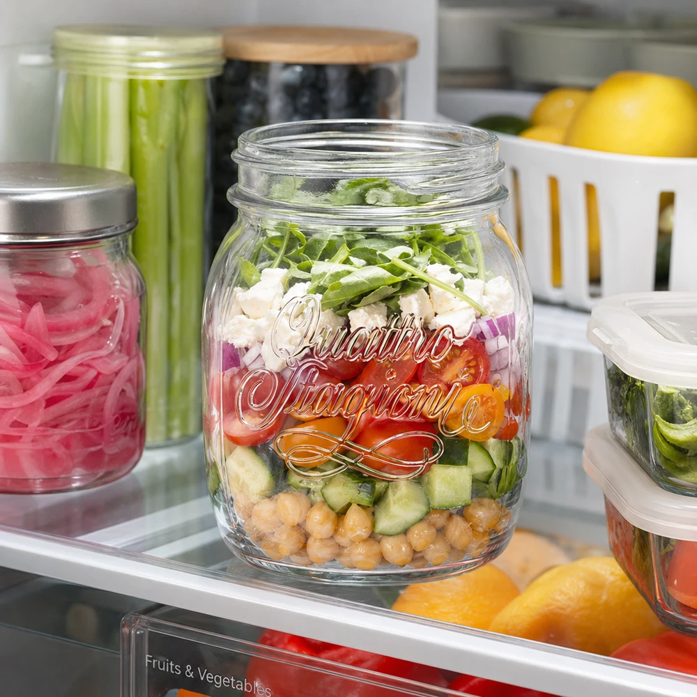 700 ml husholdningsglas "Quattro Stagioni" Quattro Stagioni 700ml Haushaltsglas mit Schichtsalat im Kühlschrank - praktische Glasaufbewahrung für Meal Prep und Vor