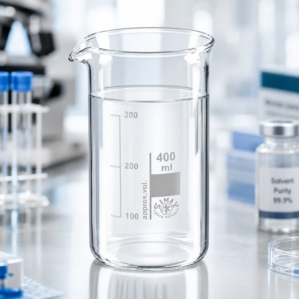 Bægerglas 400 ml borosilikatglas, høj form Gennemsigtigt bægerglas, 400 ml, højt design med indpræget milliliterskala på laboratoriebordet